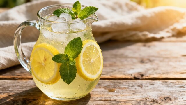 Clear glass pitcher filled with chilled yellow lemon juice, ice cubes, round citrus slices, and fresh green mint sprigs on rustic wood.