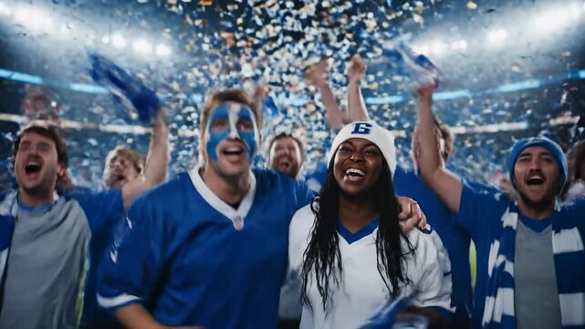 Ecstatic Football Fans Celebrating Victory with Confetti in Stadium Crowd