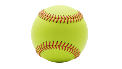 Yellow softball isolated on transparent background with red stitching details