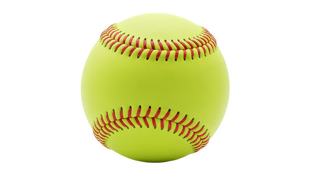 Yellow softball isolated on transparent background with red stitching details