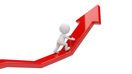 White 3 D Figure Climbing a Red Upward Arrow