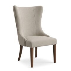 A sophisticated wingback dining chair featuring textured beige and cream upholstery and dark wood legs, presented against a clean white studio backdrop.