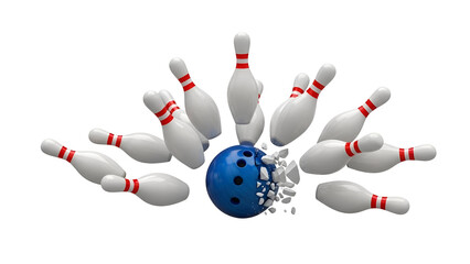 Blue Bowling Ball Hitting White Pins with Red Stripes