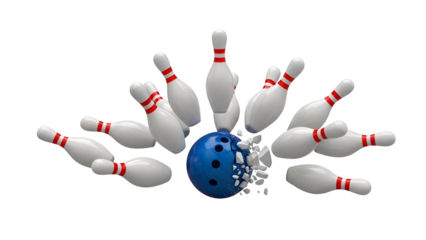Blue Bowling Ball Hitting White Pins with Red Stripes