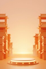 3D Rendered Chinese New Year Festive Podium with Traditional Archways and Glowing Light.