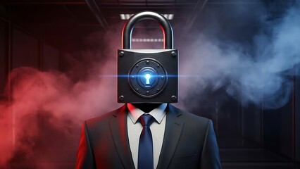 Businessman with padlock head in smoky room representing data security