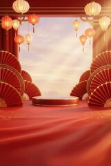 Chinese New Year Celebration Background with Red Lanterns and Fans, Product Display Stage.