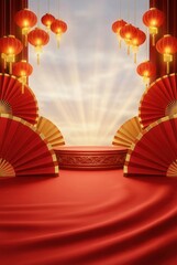 Chinese New Year Celebration Background with Red Lanterns and Fans.