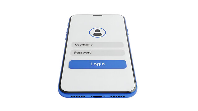 Blue smartphone displaying a login screen with username and password fields