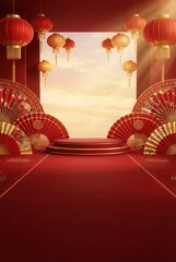 Chinese New Year Celebration with Red Lanterns and Fans on a Podium Stage.
