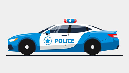 Fototapeta premium Police car illustration with flashing lights on a plain background viewed from the side