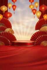 Chinese New Year Celebration with Red Lanterns and Fans on a Podium.