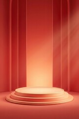 Elegant geometric podium display with warm lighting in a minimalist coral setting.