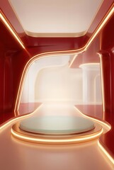 Futuristic Red and White Interior with Glowing Lights and Central Pedestal.