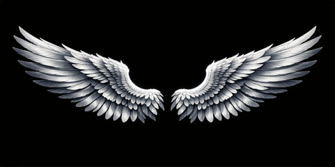 Vector illustration of white and black angel wings with feathers and heart design as a symbolic tribal tattoo for love and flight