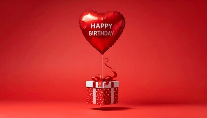 A red heart-shaped balloon tied to a gift box on a red background