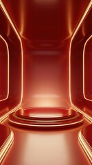 Modern Red Podium with Neon Lights in Futuristic Abstract Room.