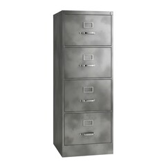 A vintage gray metal four-drawer filing cabinet featuring silver handles and label holders is shown against a clean white background. Ideal for office or home organization.