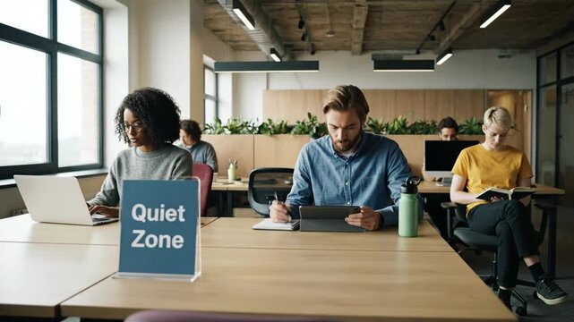 Colleagues Working Together in Quiet Office Zone.