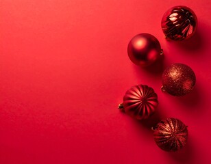 A red surface with five shiny Christmas ornaments arranged on the right side
