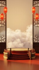 Traditional Chinese New Year Podium with Lanterns and Clouds for Product Display.