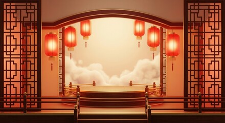 Traditional Chinese Stage with Red Lanterns and Cloud Backdrop.