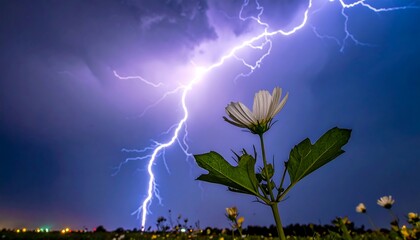 Lightning strikes behind a white flower in a field at night