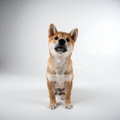 A Shiba Inu dog sits on a white floor against a white background