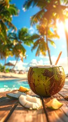 A refreshing coconut on a wooden deck overlooking a serene tropical beach