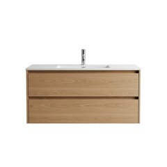 A modern floating bathroom vanity with double sinks and a natural wood finish. Features a sleek chrome faucet and two drawers for storage. Isolated on a white background.