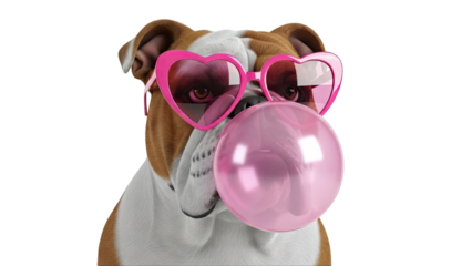 Bulldog with Pink Heart Sunglasses Blowing Pink Bubble Gum