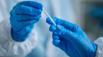 Fototapeta premium Healthcare worker in blue gloves carefully prepares a medical swab for diagnostic testing in a clinical.