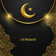 Luxurious Black and Gold Eid Mubarak Background with Gold Crescent and Floral Borders 