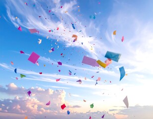 A serene sky with scattered colorful confetti