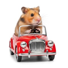 A small fluffy hamster is driving a miniature red convertible car. The hamster has its paws on the steering wheel and looks focused. Isolated on a white background.