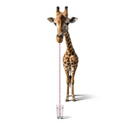 A tall giraffe with a spotted coat drinks from a glass using a red striped straw. The image is isolated on a clean white background with a subtle shadow, creating a humorous and unique perspective.