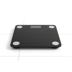 A modern black digital bathroom scale with silver accents stands on a white tiled floor. Isolated with soft studio lighting, it's a tool for health and wellness tracking.