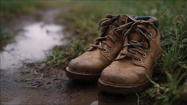 Muddy tan hiking boots with untied laces rest on a wet earthy trail beside a puddle