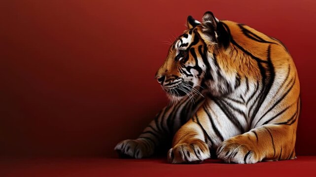 Majestic tiger portrait against a deep red background