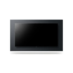 A modern flat screen television is mounted on a dark gray wall, showcasing its sleek design with a black screen. Soft indoor lighting illuminates the scene.