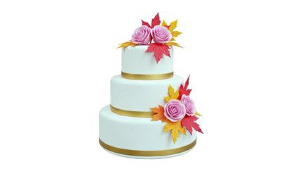 Three-tier white cake with pink roses and autumn leaves decoration