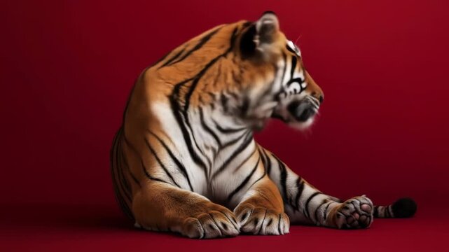 Majestic tiger portrait on red background striking wildlife imagery
