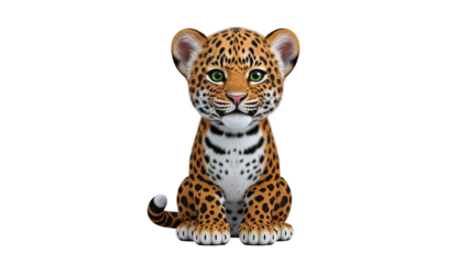 Cute baby leopard with green eyes, sitting against a white background