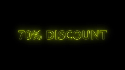 Neon glowing 70 percent discount text on black background.