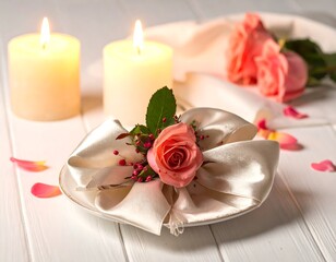 A serene still life with candles, roses, and decorative petals