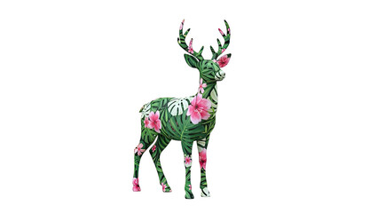 Obraz premium Deer covered in tropical leaves and pink flowers