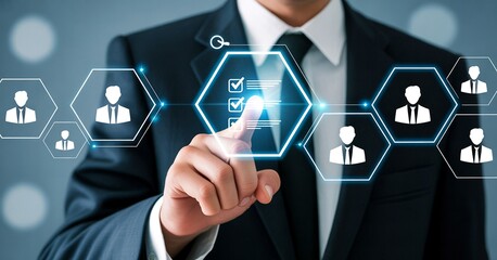 Businessman interacting with digital interface displaying employee profiles and checklist