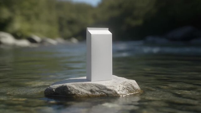 A white rectangular prism stands on a rock in a serene river surrounded by lush greenery
