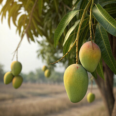 A closeup of ripe green apples and pears hanging from leafy branches in an organic garden farm reflects healthy agriculture and fresh nature