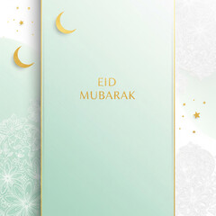 Elegant Mint Green Eid Mubarak Greeting Card Template with Golden Moons and Floral Mandalas